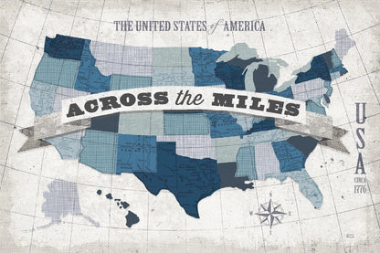 USA Modern Vintage Blue Grey with Words by Michael Mullan. SKU 25367i. Archival Giclee Fine art print for wall decor.