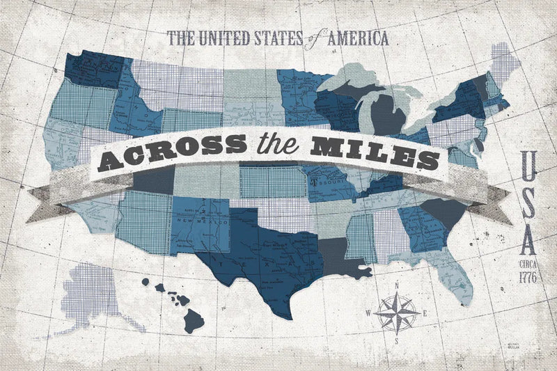 USA Modern Vintage Blue Grey with Words by Michael Mullan. SKU 25367i. Archival Giclee Fine art print for wall decor.