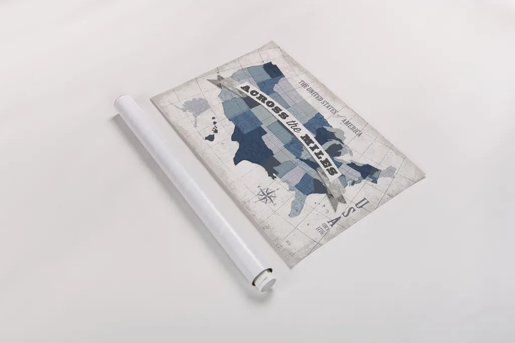 USA Modern Vintage Blue Grey with Words by Michael Mullan. shown as a rolled paper print. Available as archival giclee rolled canvas, fine art paper, or poster print. SKU 25367i.