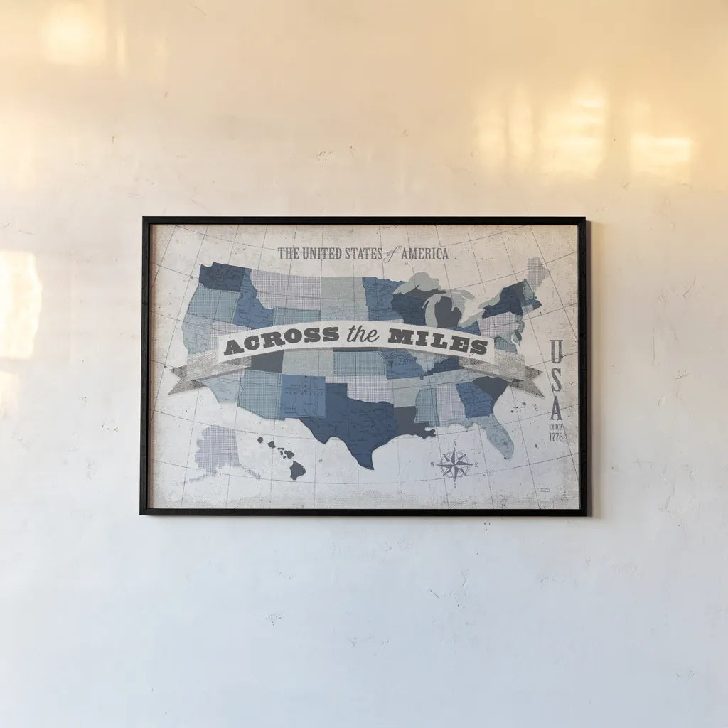 USA Modern Vintage Blue Grey with Words by Michael Mullan. shown as a paper print in a black flame. Available as a archival giclee rolled canvas, fine art paper, or poster print. SKU 25367i.