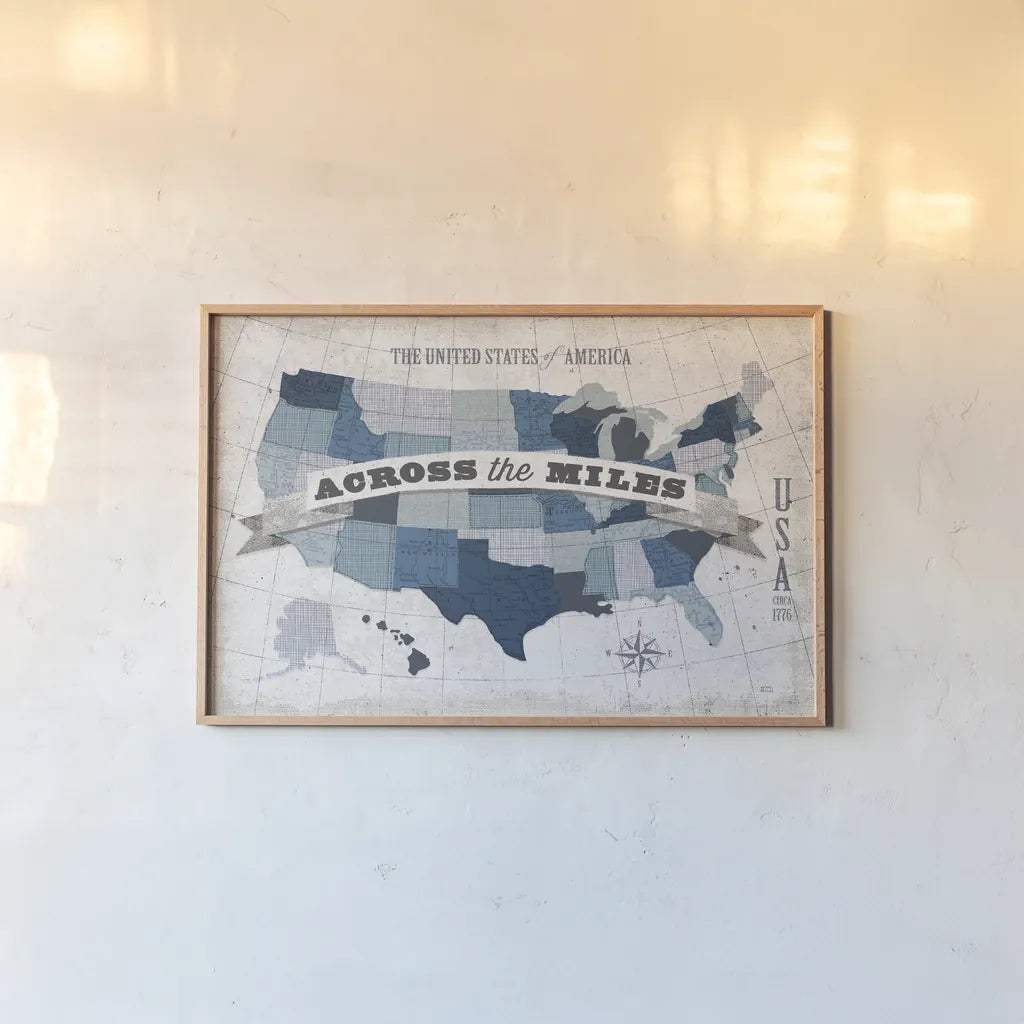 USA Modern Vintage Blue Grey with Words by Michael Mullan. shown as a paper print in a natural frame. Available as a archival giclee rolled canvas, fine art paper, or poster print. SKU 25367i.