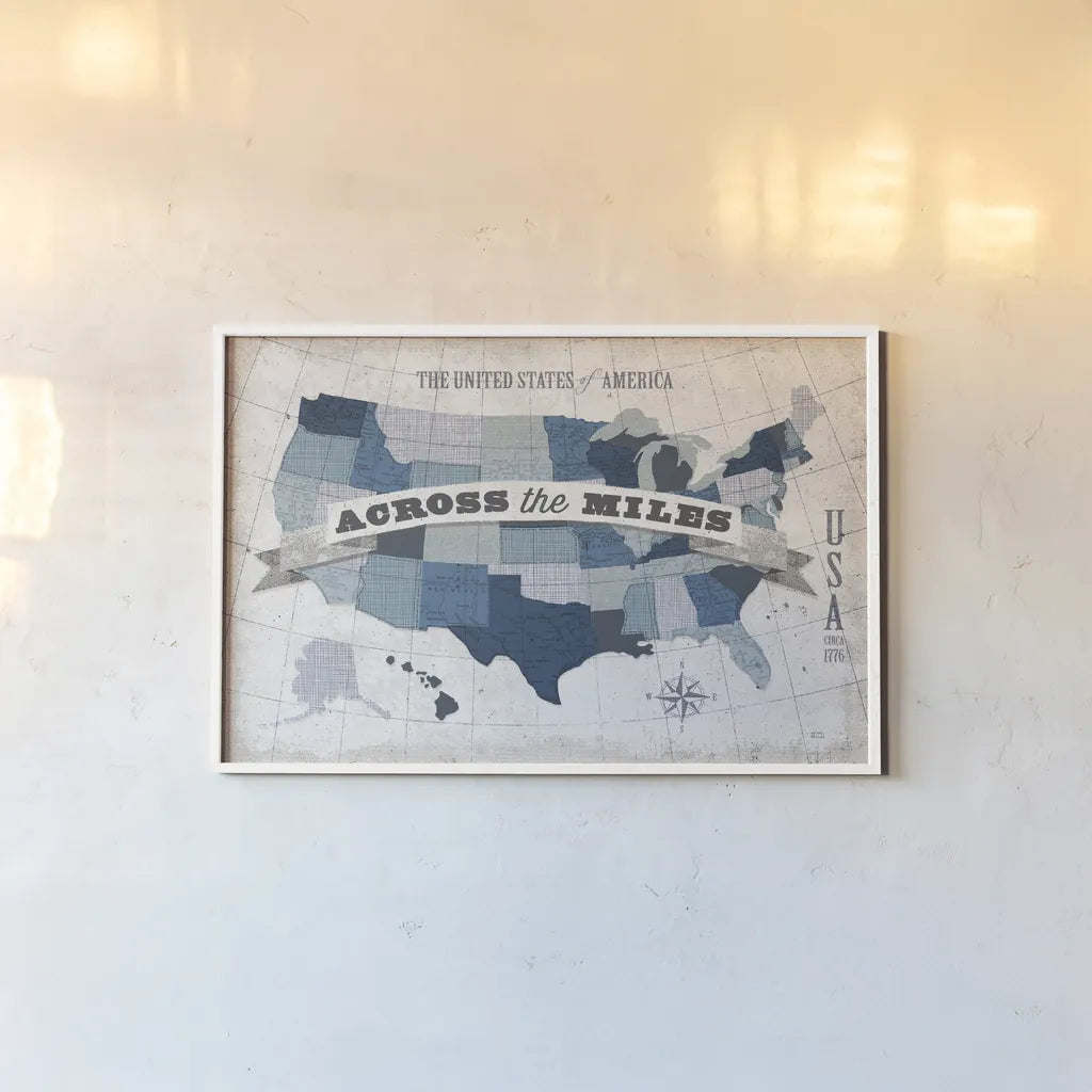 USA Modern Vintage Blue Grey with Words by Michael Mullan. shown as a paper print in a white frame. Available as a archival giclee rolled canvas, fine art paper, or poster print. SKU 25367i.