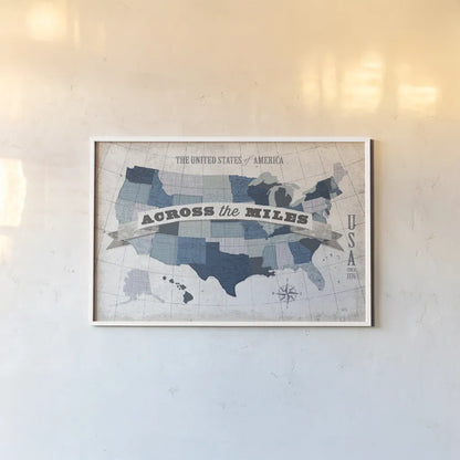 USA Modern Vintage Blue Grey with Words by Michael Mullan. shown as a paper print in a white frame. Available as a archival giclee rolled canvas, fine art paper, or poster print. SKU 25367i.