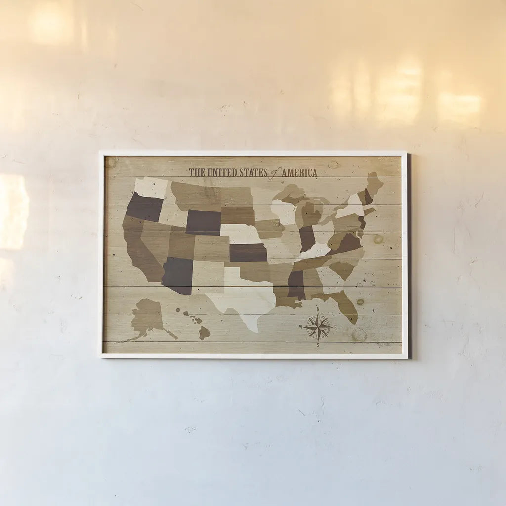 USA Modern Vintage Wood by Michael Mullan. shown as a paper print in a white frame. Available as a archival giclee rolled canvas, fine art paper, or poster print. SKU 12805i.