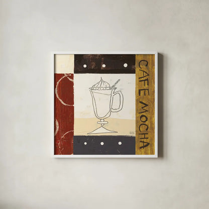 Urban Coffee I by Michael Mullan. Shown in a crisp white glass frame for a clean and minimalist style. Available as an archival giclee rolled canvas, fine art paper, or poster print. SKU 3679a.