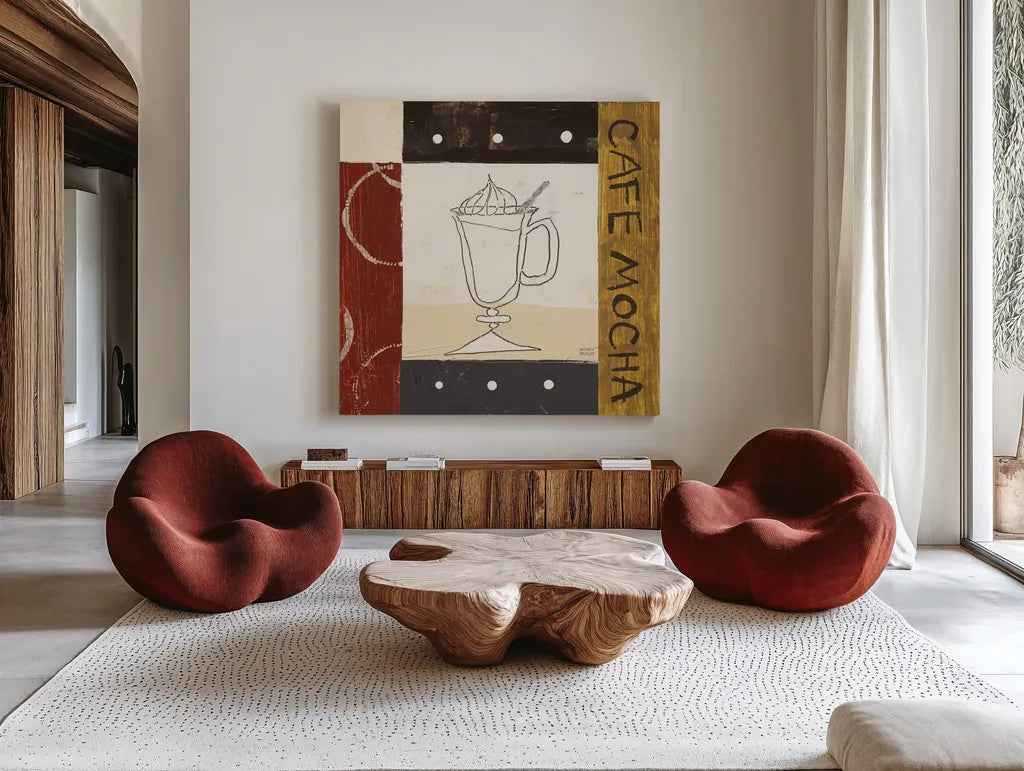 Urban Coffee I by Michael Mullan. Shown as extra-large giant wall art in a modern living room. Available as an archival giclee rolled canvas, fine art paper, or poster print. SKU 3679a.