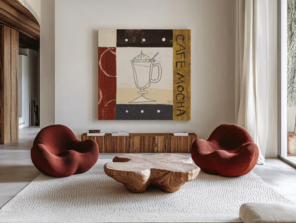 Urban Coffee I by Michael Mullan. Shown as extra-large giant wall art in a modern living room. Available as an archival giclee rolled canvas, fine art paper, or poster print. SKU 3679a.