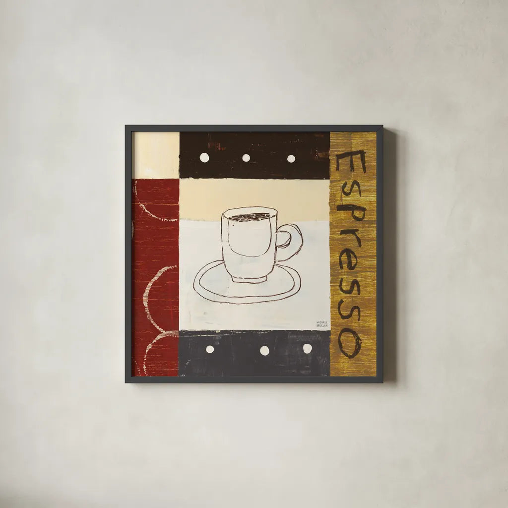 Urban Coffee II by Michael Mullan. Shown in a sleek black glass frame for a contemporary gallery look. Available as an archival giclee rolled canvas, fine art paper, or poster print. SKU 3680a.
