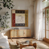 Urban Coffee II by Michael Mullan. Shown in a natural wood frame in a cozy modern living room. Available as an archival giclee rolled canvas, fine art paper, or poster print. SKU 3680a.