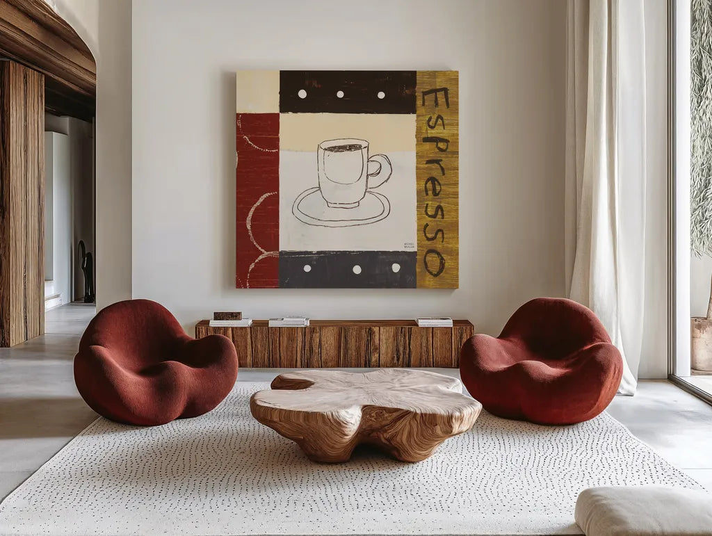 Urban Coffee II by Michael Mullan. Shown as extra-large giant wall art in a modern living room. Available as an archival giclee rolled canvas, fine art paper, or poster print. SKU 3680a.