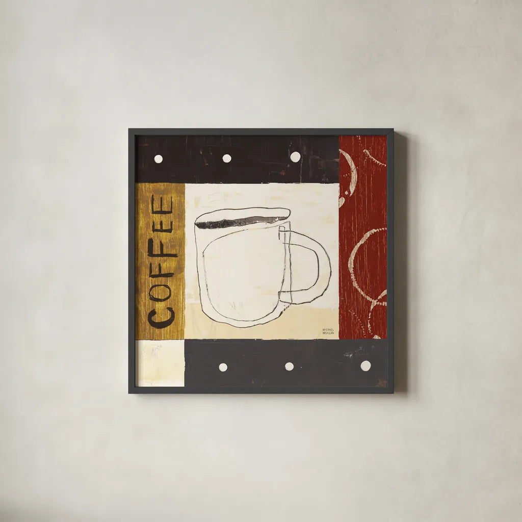 Urban Coffee III by Michael Mullan. Shown in a sleek black glass frame for a contemporary gallery look. Available as an archival giclee rolled canvas, fine art paper, or poster print. SKU 3681a.