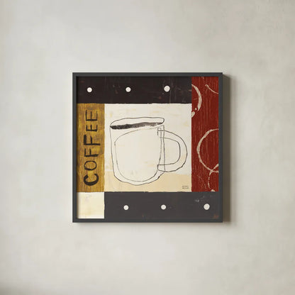Urban Coffee III by Michael Mullan. Shown in a sleek black glass frame for a contemporary gallery look. Available as an archival giclee rolled canvas, fine art paper, or poster print. SKU 3681a.