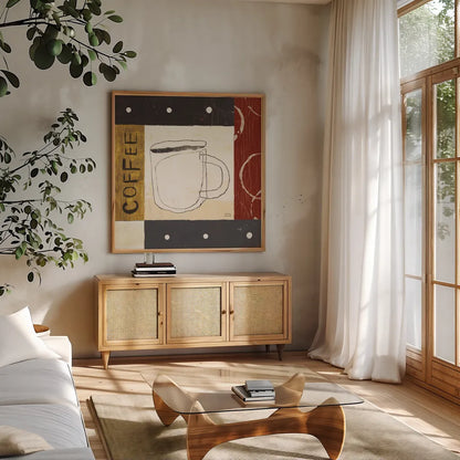 Urban Coffee III by Michael Mullan. Shown in a natural wood frame in a cozy modern living room. Available as an archival giclee rolled canvas, fine art paper, or poster print. SKU 3681a.