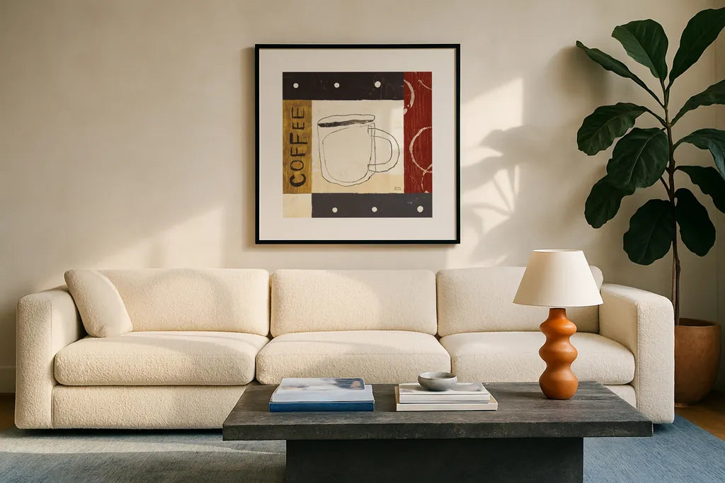 Urban Coffee III by Michael Mullan. Displayed in a glass frame with matte in a clean modern living room. Available as an archival giclee rolled canvas, fine art paper, or poster print. SKU 3681a.