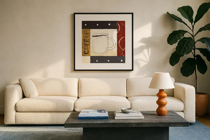 Urban Coffee III by Michael Mullan. Displayed in a glass frame with matte in a clean modern living room. Available as an archival giclee rolled canvas, fine art paper, or poster print. SKU 3681a.