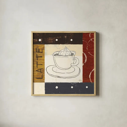 Urban Coffee IV by Michael Mullan. Shown in a natural wood glass frame for a timeless modern aesthetic. Available as an archival giclee rolled canvas, fine art paper, or poster print. SKU 3682a.