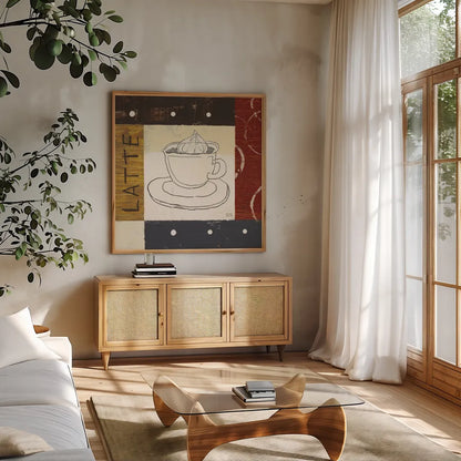 Urban Coffee IV by Michael Mullan. Shown in a natural wood frame in a cozy modern living room. Available as an archival giclee rolled canvas, fine art paper, or poster print. SKU 3682a.