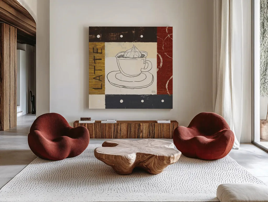Urban Coffee IV by Michael Mullan. Shown as extra-large giant wall art in a modern living room. Available as an archival giclee rolled canvas, fine art paper, or poster print. SKU 3682a.