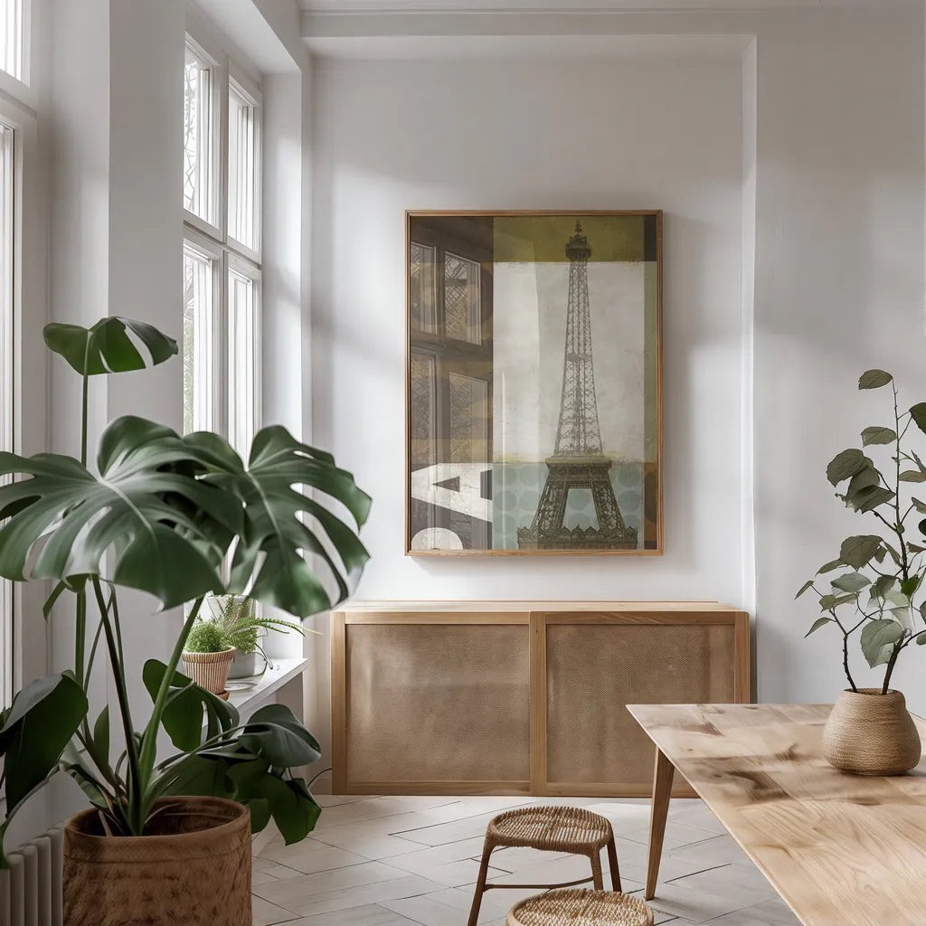 Urban Paris by Michael Mullan. shown as a print in a natural wood frame in a dining room. Available as a archival giclee rolled canvas, fine art paper, or poster print. SKU 1057h.