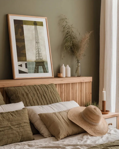 Urban Paris by Michael Mullan. shown as a paper print in a natural frame. Available as a archival giclee rolled canvas, fine art paper, or poster print. SKU 1057h.