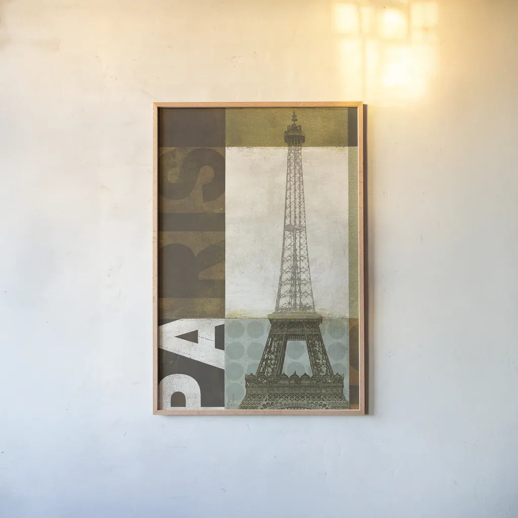 Urban Paris by Michael Mullan. shown as a paper print in a natural frame. Available as a archival giclee rolled canvas, fine art paper, or poster print. SKU 1057h.