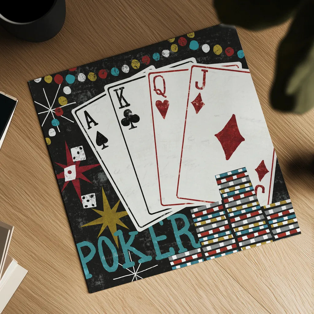 Vegas Cards by Michael Mullan. Shown as a detailed flat fine art print, highlighting archival giclee quality. Available as an archival giclee rolled canvas, fine art paper, or poster print. SKU 8964a.