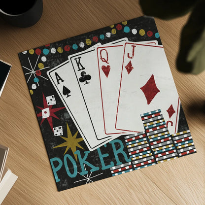 Vegas Cards by Michael Mullan. Shown as a detailed flat fine art print, highlighting archival giclee quality. Available as an archival giclee rolled canvas, fine art paper, or poster print. SKU 8964a.