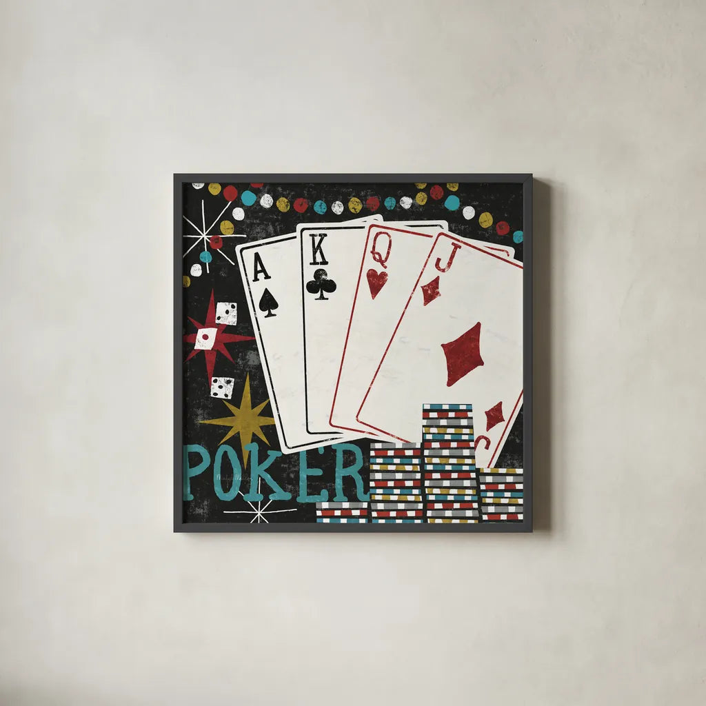 Vegas Cards by Michael Mullan. Shown in a sleek black glass frame for a contemporary gallery look. Available as an archival giclee rolled canvas, fine art paper, or poster print. SKU 8964a.