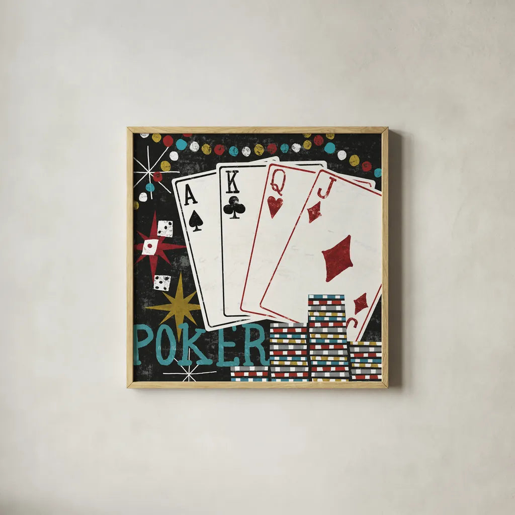 Vegas Cards by Michael Mullan. Shown in a natural wood glass frame for a timeless modern aesthetic. Available as an archival giclee rolled canvas, fine art paper, or poster print. SKU 8964a.