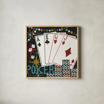 Vegas Cards by Michael Mullan. Shown in a natural wood glass frame for a timeless modern aesthetic. Available as an archival giclee rolled canvas, fine art paper, or poster print. SKU 8964a.