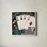 Vegas Cards by Michael Mullan. Shown in a crisp white glass frame for a clean and minimalist style. Available as an archival giclee rolled canvas, fine art paper, or poster print. SKU 8964a.