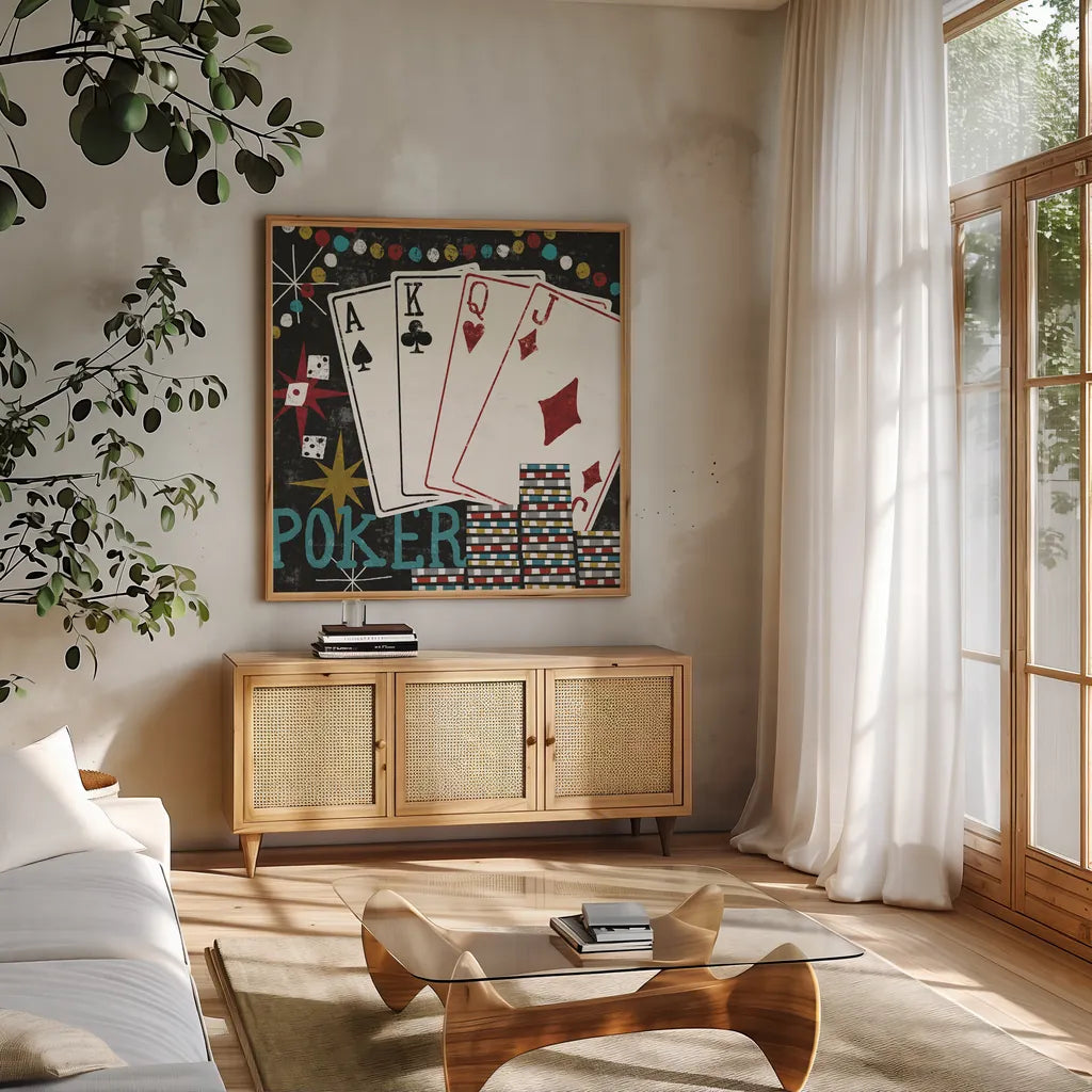 Vegas Cards by Michael Mullan. Shown in a natural wood frame in a cozy modern living room. Available as an archival giclee rolled canvas, fine art paper, or poster print. SKU 8964a.