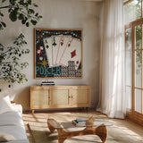 Vegas Cards by Michael Mullan. Shown in a natural wood frame in a cozy modern living room. Available as an archival giclee rolled canvas, fine art paper, or poster print. SKU 8964a.
