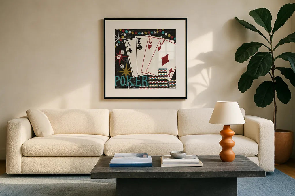Vegas Cards by Michael Mullan. Displayed in a glass frame with matte in a clean modern living room. Available as an archival giclee rolled canvas, fine art paper, or poster print. SKU 8964a.
