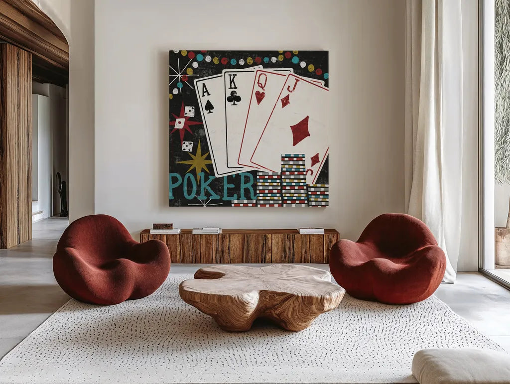 Vegas Cards by Michael Mullan. Shown as extra-large giant wall art in a modern living room. Available as an archival giclee rolled canvas, fine art paper, or poster print. SKU 8964a.