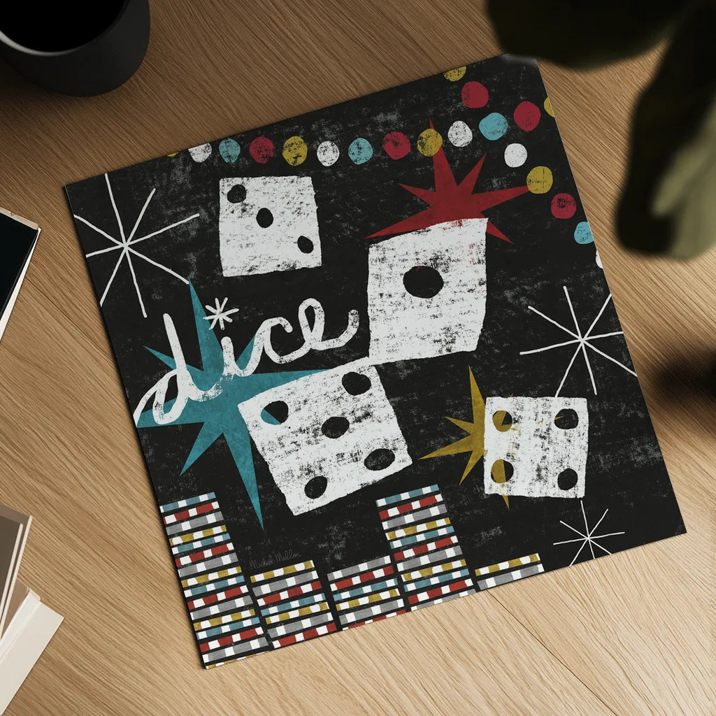 Vegas Dice by Michael Mullan. Shown as a detailed flat fine art print, highlighting archival giclee quality. Available as an archival giclee rolled canvas, fine art paper, or poster print. SKU 8966a.