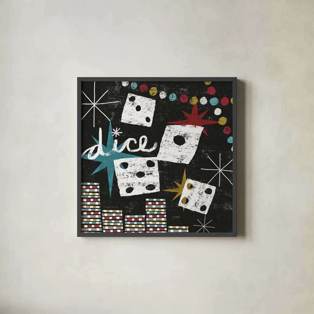 Vegas Dice by Michael Mullan. Shown in a sleek black glass frame for a contemporary gallery look. Available as an archival giclee rolled canvas, fine art paper, or poster print. SKU 8966a.