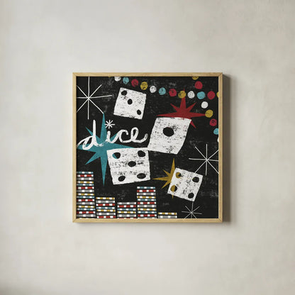 Vegas Dice by Michael Mullan. Shown in a natural wood glass frame for a timeless modern aesthetic. Available as an archival giclee rolled canvas, fine art paper, or poster print. SKU 8966a.