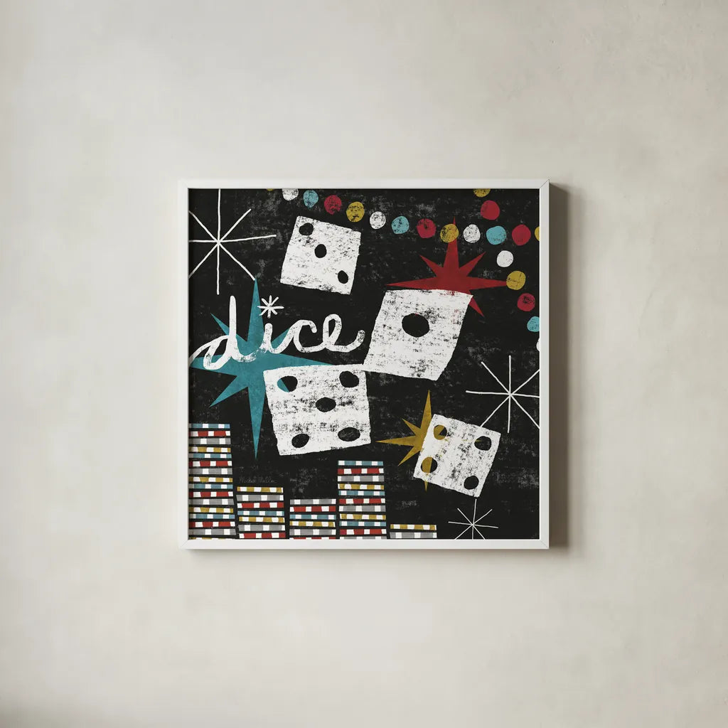 Vegas Dice by Michael Mullan. Shown in a crisp white glass frame for a clean and minimalist style. Available as an archival giclee rolled canvas, fine art paper, or poster print. SKU 8966a.