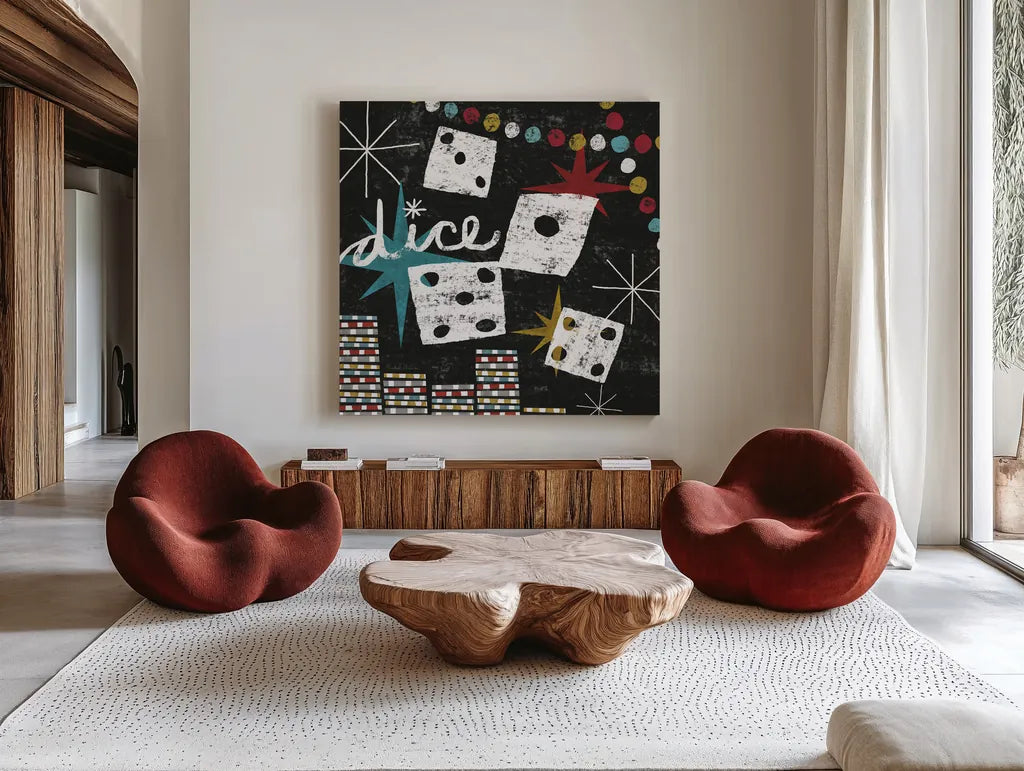Vegas Dice by Michael Mullan. Shown as extra-large giant wall art in a modern living room. Available as an archival giclee rolled canvas, fine art paper, or poster print. SKU 8966a.