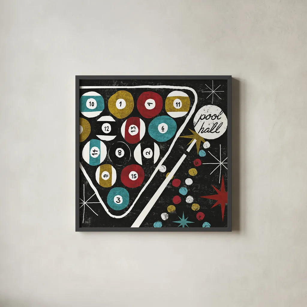 Vegas Pool Hall by Michael Mullan. Shown in a sleek black glass frame for a contemporary gallery look. Available as an archival giclee rolled canvas, fine art paper, or poster print. SKU 8967a.