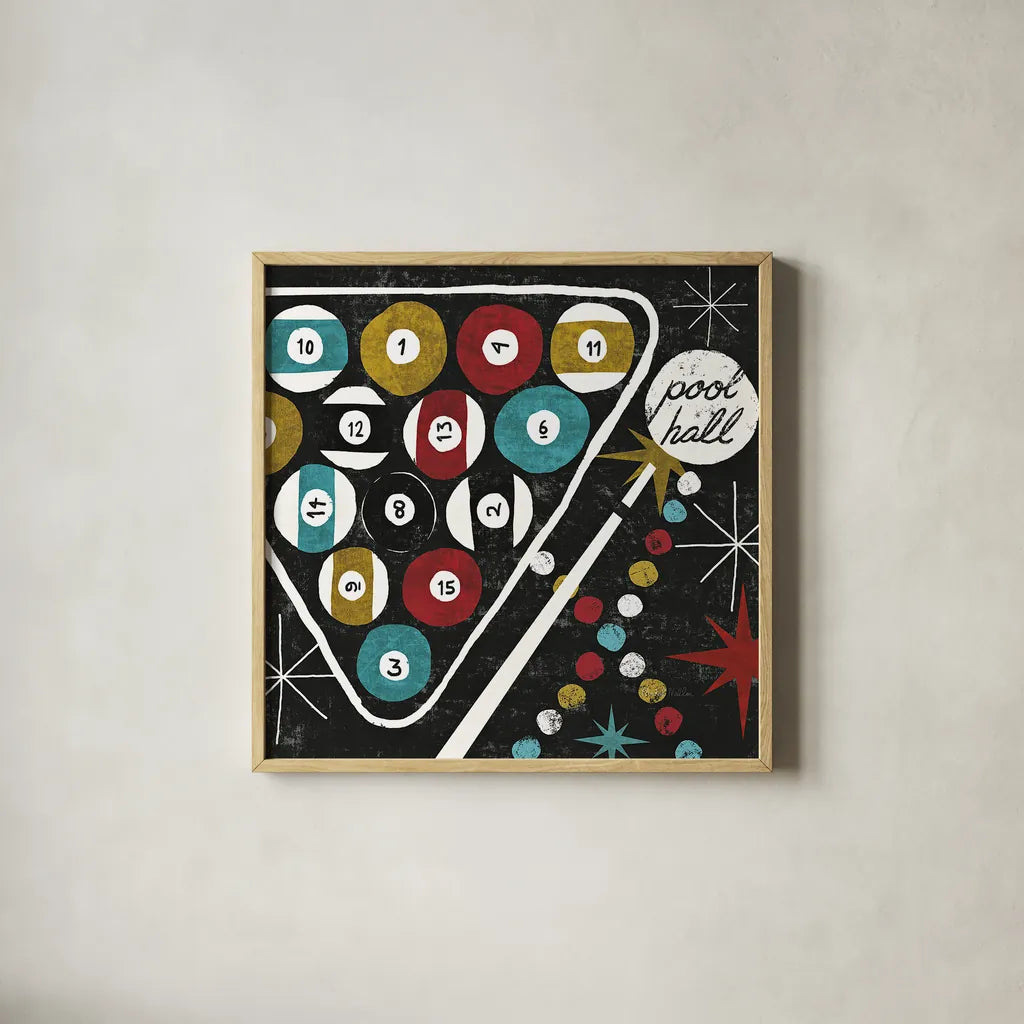 Vegas Pool Hall by Michael Mullan. Shown in a natural wood glass frame for a timeless modern aesthetic. Available as an archival giclee rolled canvas, fine art paper, or poster print. SKU 8967a.