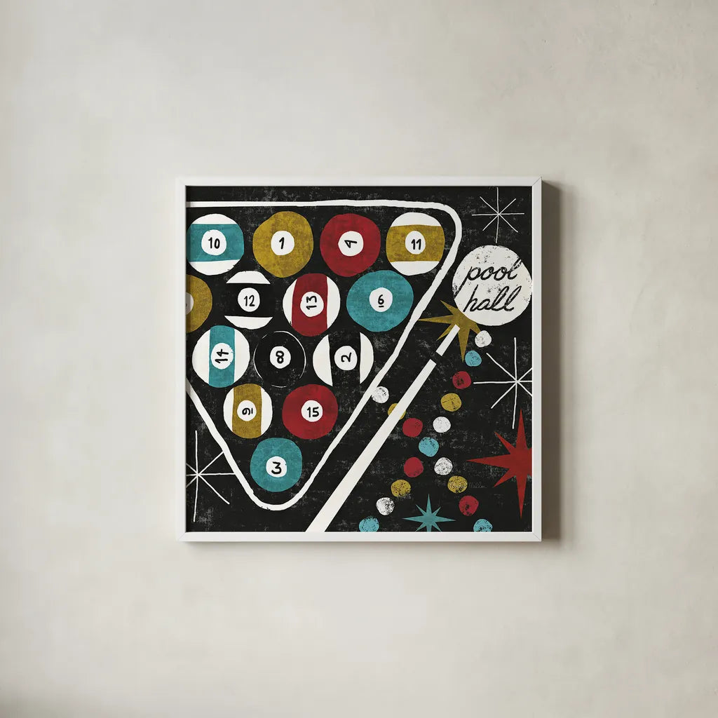 Vegas Pool Hall by Michael Mullan. Shown in a crisp white glass frame for a clean and minimalist style. Available as an archival giclee rolled canvas, fine art paper, or poster print. SKU 8967a.