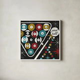 Vegas Pool Hall by Michael Mullan. Shown in a crisp white glass frame for a clean and minimalist style. Available as an archival giclee rolled canvas, fine art paper, or poster print. SKU 8967a.