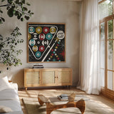 Vegas Pool Hall by Michael Mullan. Shown in a natural wood frame in a cozy modern living room. Available as an archival giclee rolled canvas, fine art paper, or poster print. SKU 8967a.
