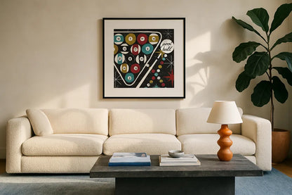 Vegas Pool Hall by Michael Mullan. Displayed in a glass frame with matte in a clean modern living room. Available as an archival giclee rolled canvas, fine art paper, or poster print. SKU 8967a.