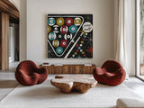 Vegas Pool Hall by Michael Mullan. Shown as extra-large giant wall art in a modern living room. Available as an archival giclee rolled canvas, fine art paper, or poster print. SKU 8967a.
