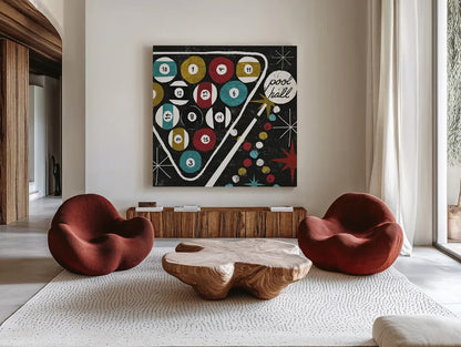 Vegas Pool Hall by Michael Mullan. Shown as extra-large giant wall art in a modern living room. Available as an archival giclee rolled canvas, fine art paper, or poster print. SKU 8967a.
