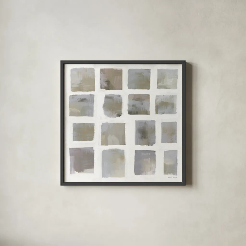 Vibrations Square I Cool Neutral by Michael Mullan. Shown in a sleek black glass frame for a contemporary gallery look. Available as an archival giclee rolled canvas, fine art paper, or poster print. SKU 95198a.