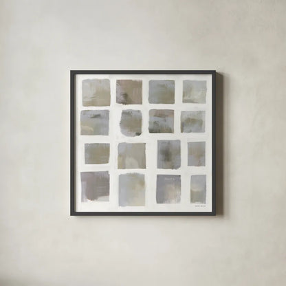 Vibrations Square I Cool Neutral by Michael Mullan. Shown in a sleek black glass frame for a contemporary gallery look. Available as an archival giclee rolled canvas, fine art paper, or poster print. SKU 95198a.